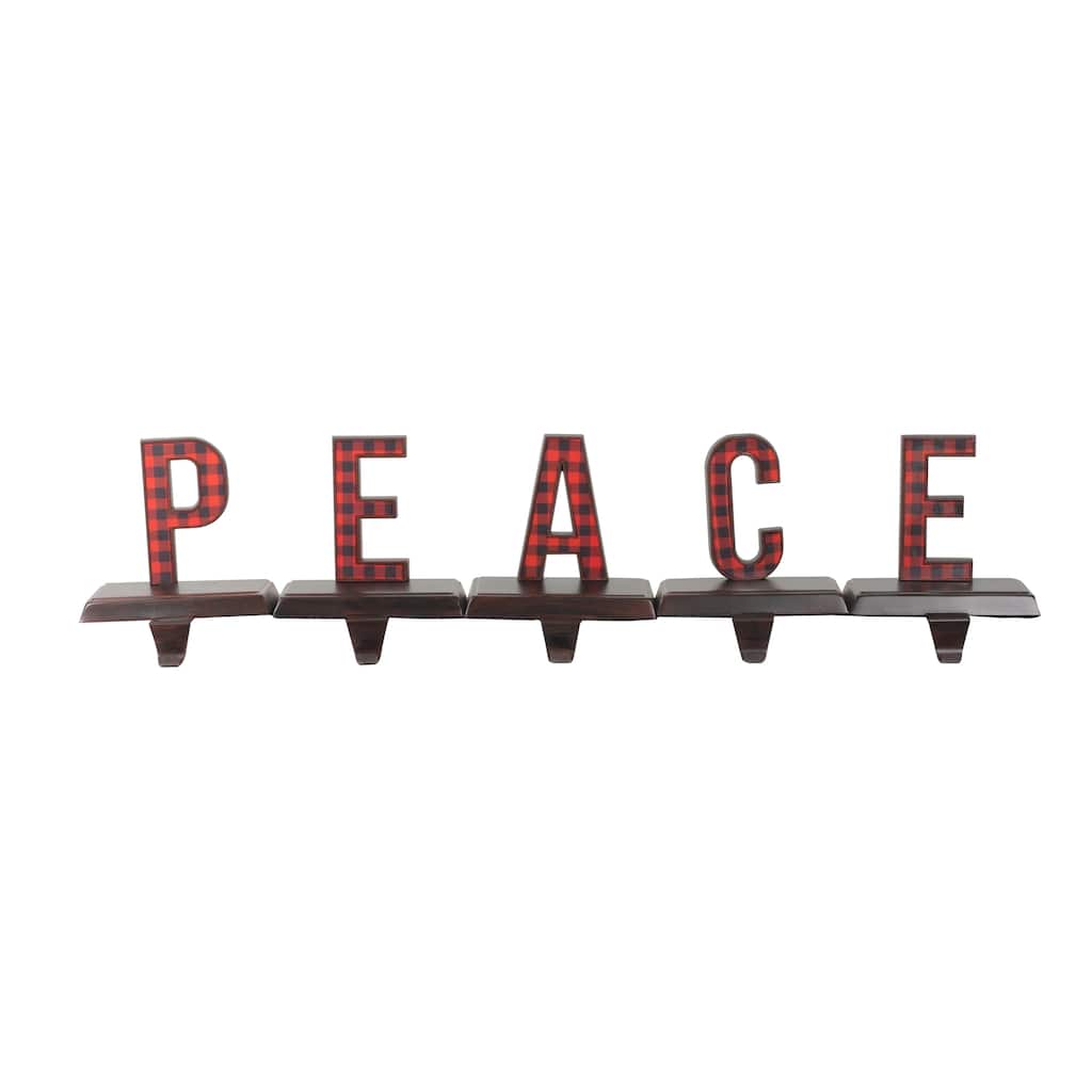 Set of 5 Red Black Buffalo Plaid "PEACE" Christmas Stocking Holder 6"