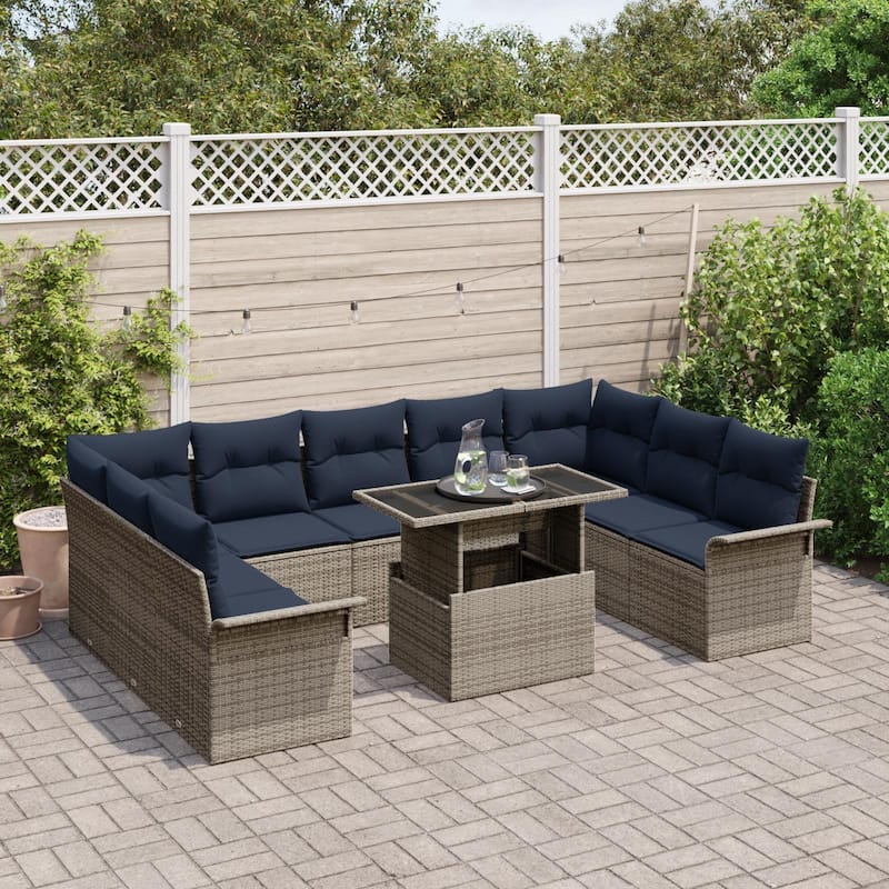 vidaXL 10 Garden Sofa Set with Cushions Black/Brown/Grey Poly Rattan - 113.8 x 73.8 x 27.2