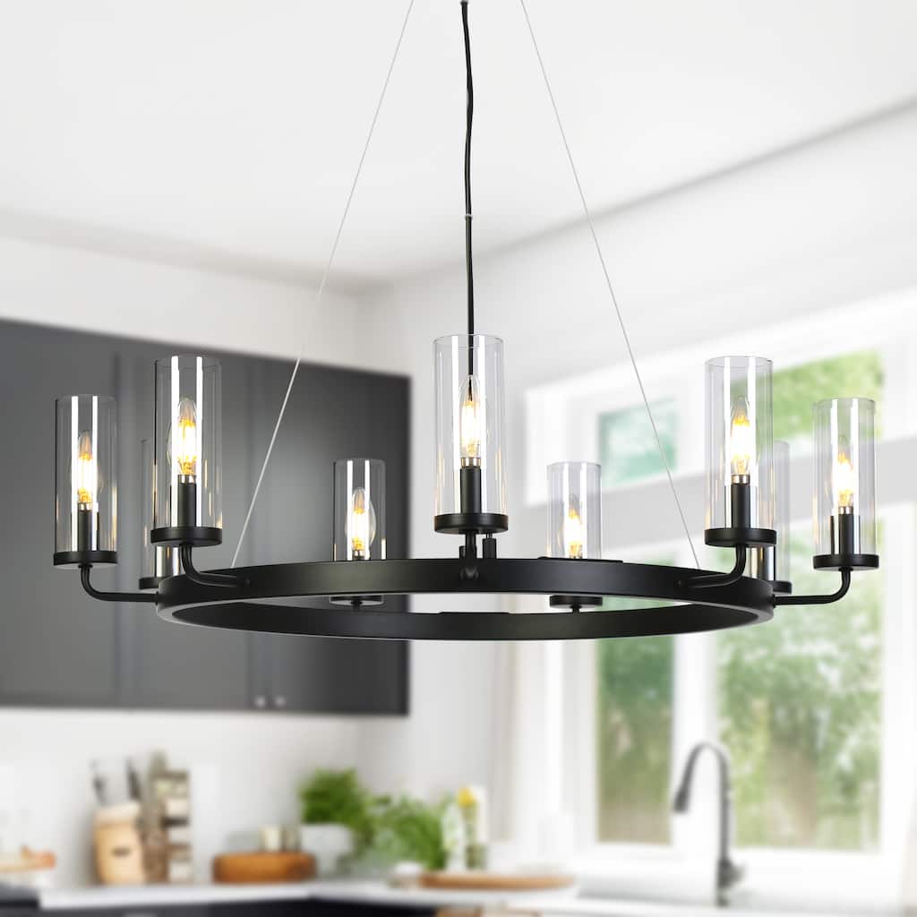 Modern Farmhouse 9-Light Black Wheel Chandelier for Dining Living Room - W31"xH8.7"