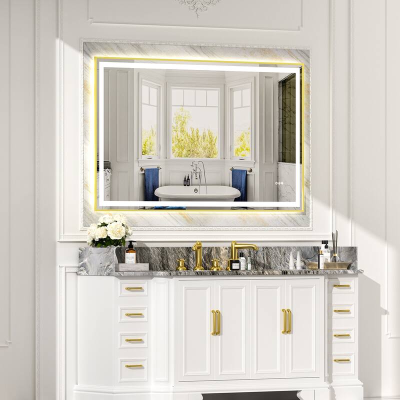 Gold-Silver Glass LED Vanity Mirror with Dual Lighting, Anti-Fog and Dimming - 60” W x 36” H