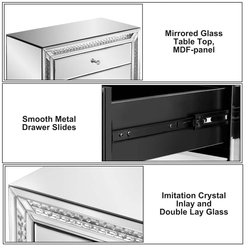 Glam Mirror Nightstand Bedside Table with 3 Drawer Chest