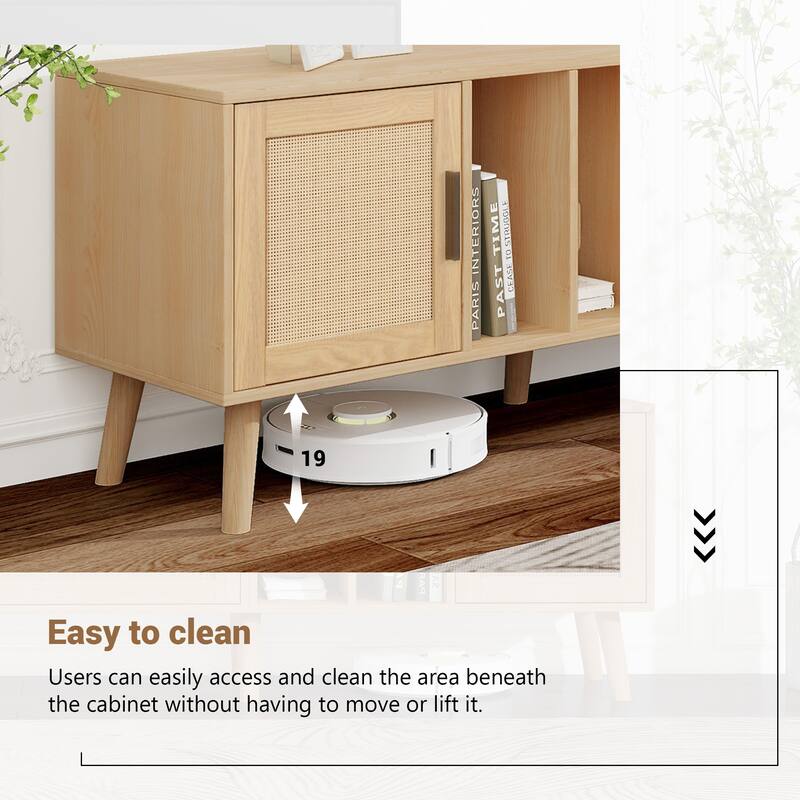 Rattan TV Stand Media Console Table for TVs up to 80", Entertainment Center with Solid Wood Legs, TV cabinet