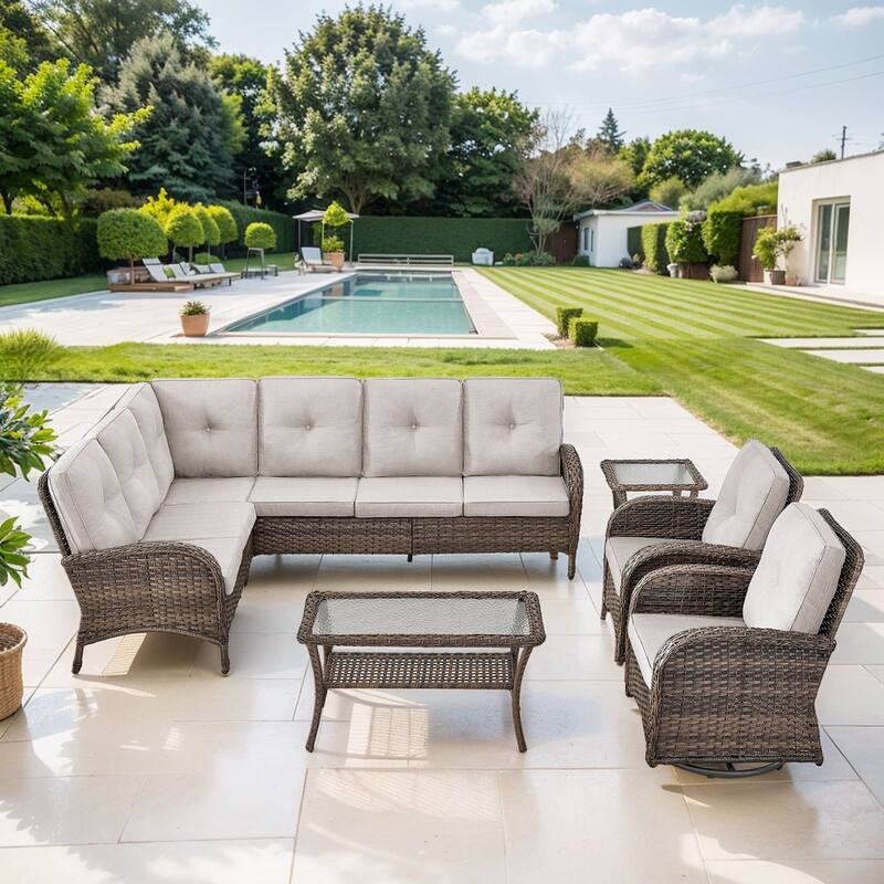 Gymojoy L-Shaped Outdoor Sectional Sofa Set, PE Wicker Couch with Water-Resistant Olefin Cushions - 5-Piece included Swivel Chairs - Beige