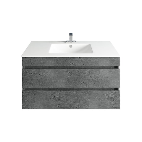 Modern 32" Granite Gray Wall Mounted Wood Vanity With White Stone Sink