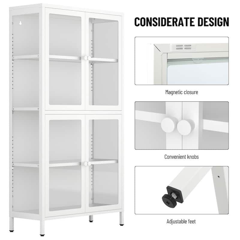 Four Glass Door Storage Cabinet with Adjustable Shelves and Feet Cold-Rolled Steel Sideboard Furniture