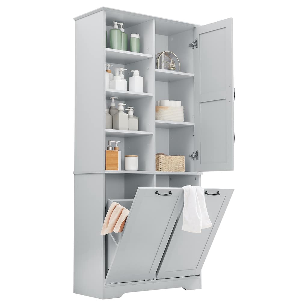 Bathroom Storage Cabinet with Doors and Drawers, Tilt-Out Laundry Hamper, Multiple Storage Space, Freestanding Style