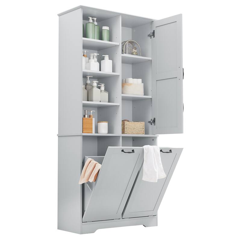 Bathroom Storage Cabinet with Doors and Drawers, Tilt-Out Laundry Hamper