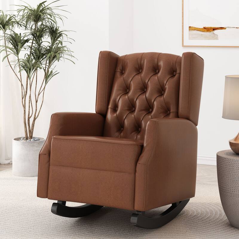 Light Brown Modern 26.5" High Back PU Upholstered Button Tufted Rocking Chair with Wing Back for Living Room - Light Brown