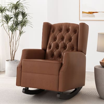 Light Brown Modern 26.5" High Back PU Upholstered Button Tufted Rocking Chair with Wing Back for Living Room