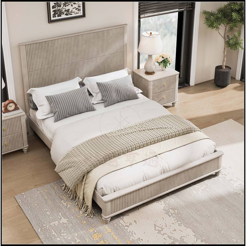 Queen Platform Bed Frame with Tall Headboard - Beige