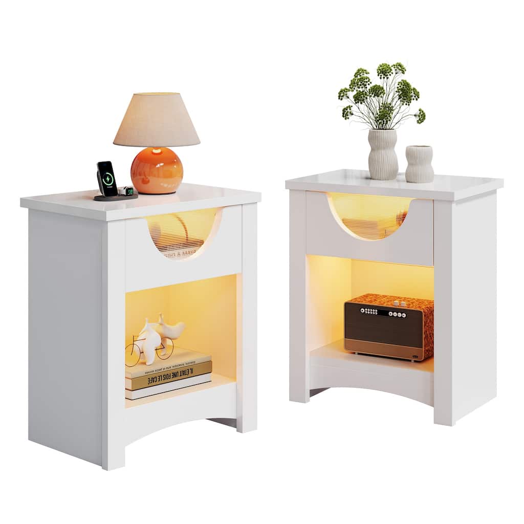 Bestier Nightstands Set of 2 with Charging Station, Modern LED End Table Bedside Table with Drawer for Bedroom & Living Room