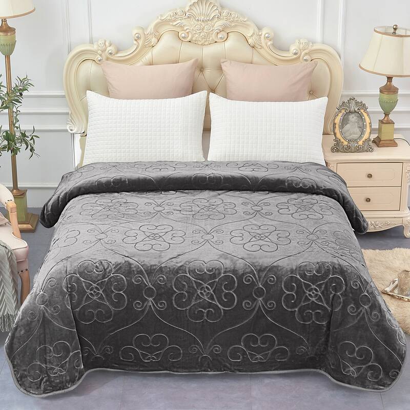 Queen Embossed Mink Flannel Blanket - Grey