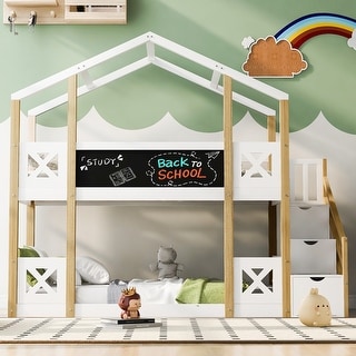 Stylish & Simple Twin over Twin House Bunk Bed with White Storage Staircase and Blackboards, for a Family with 2 Kids, White