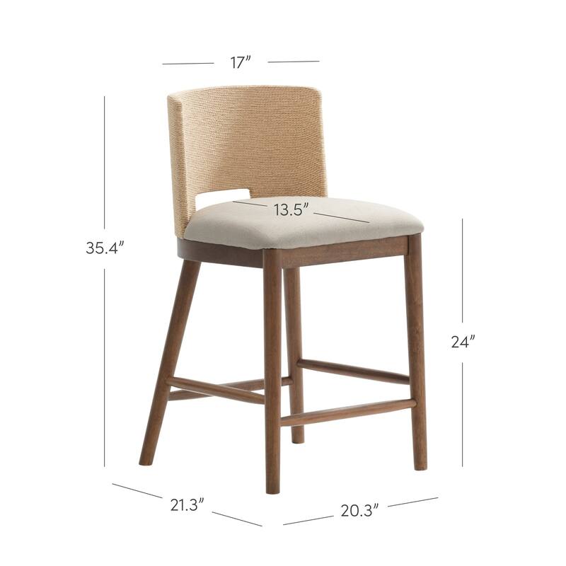 Webster Bohemian Round Back Bar Stool Set, Upholstered Bar Stool with Seagrass Backrest for Kitchen or Bar