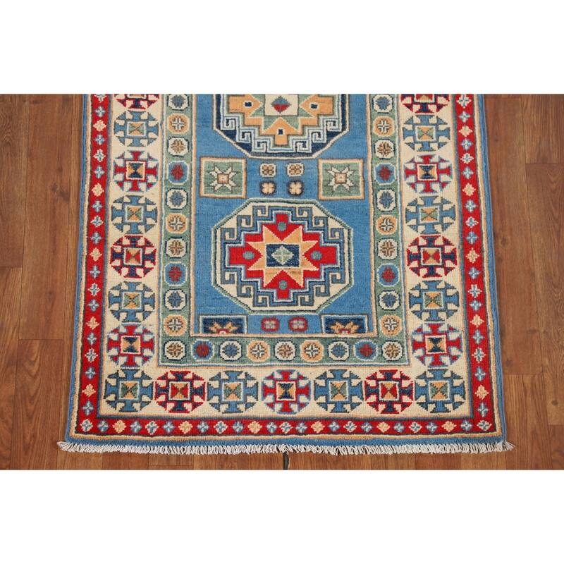 Blue Geometric Kazak Runner Rug Hand-Knotted Oriental Wool Carpet - 2'8" x 9'6"