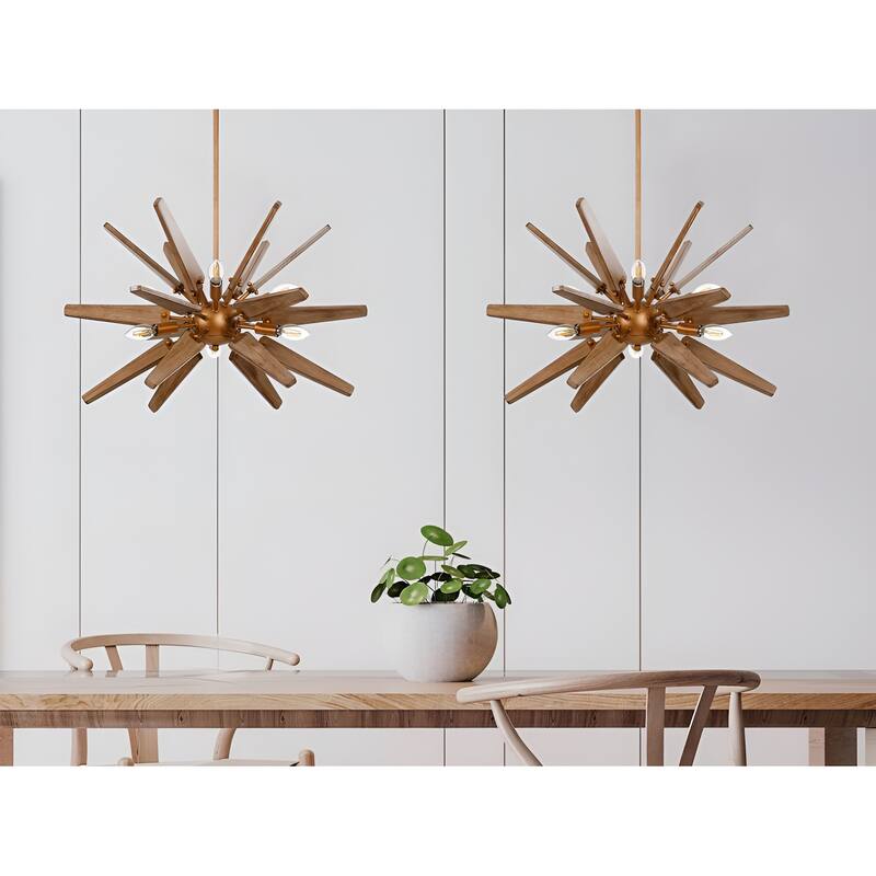 6 - Light Natural Metal Wood Sputnik Sphere Chandelier