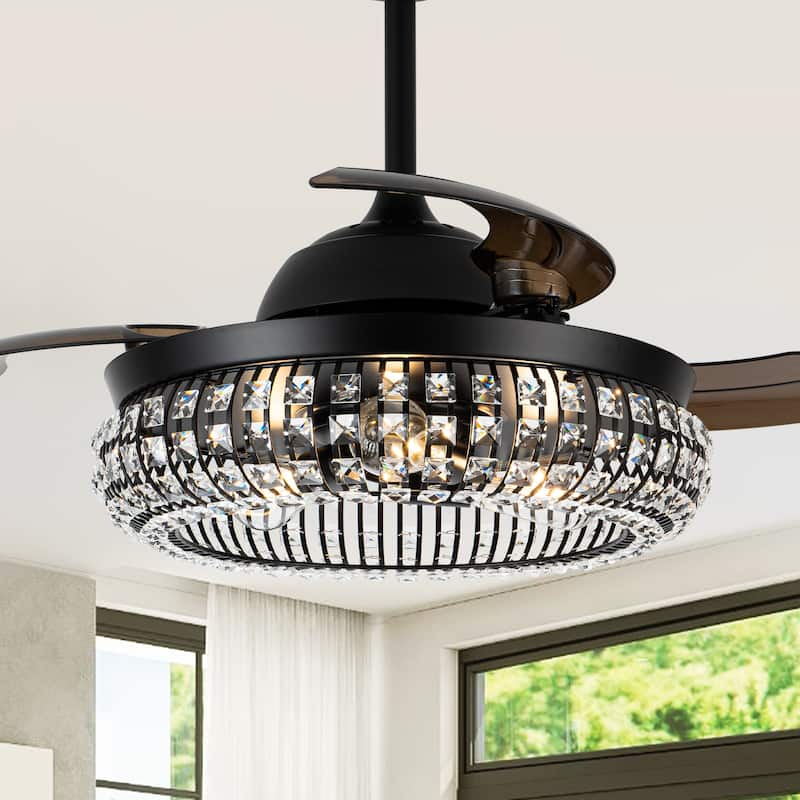 Modern 3-Blade Matte Black Crystal Caged Retractable Ceiling Fan with Remote and Light Kit - 41.73-in W x 16.2-in H