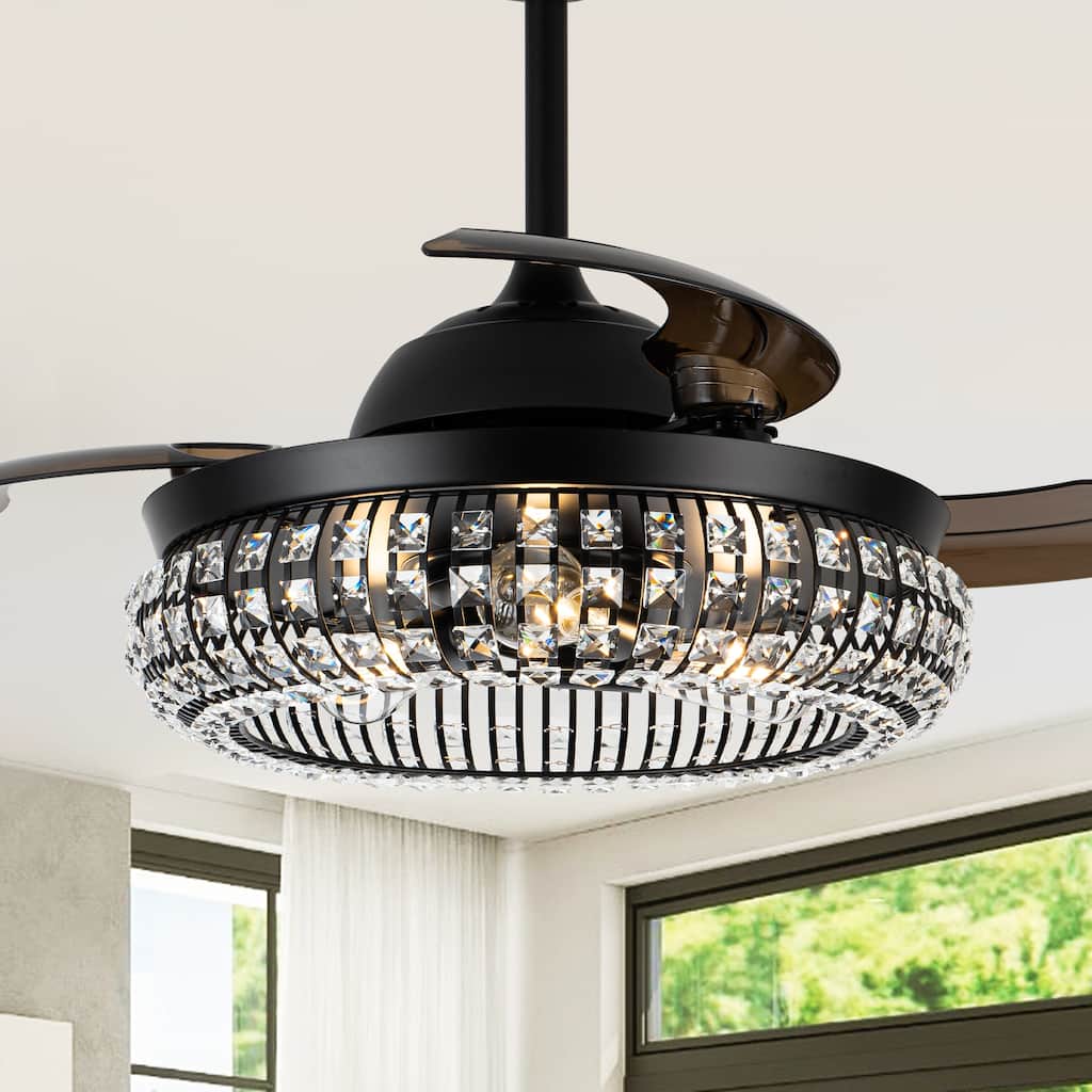 Modern 3-Blade Matte Black Crystal Caged Retractable Ceiling Fan with Remote and Light Kit - 41.73-in W x 16.2-in H