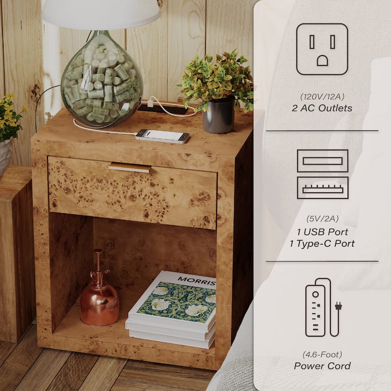 COZAYH Burl Finish Nightstand, Rustic Farmhouse Dresser, Vintage Accent Wood Storage Bedside Table, Fully Assembled