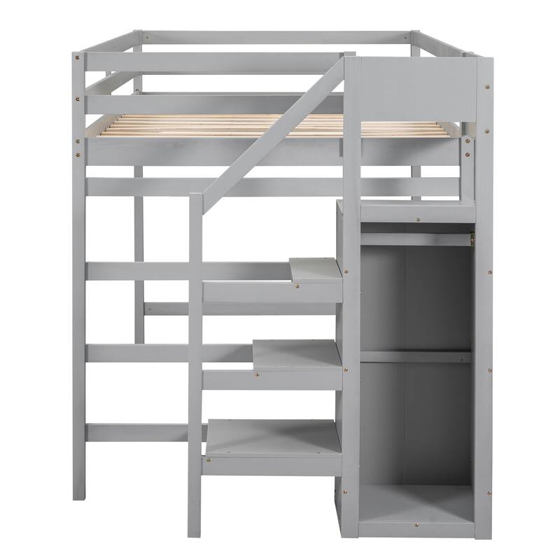 Full Size Loft Bed with Built-in Storage Wardrobe and Staircase in Gray