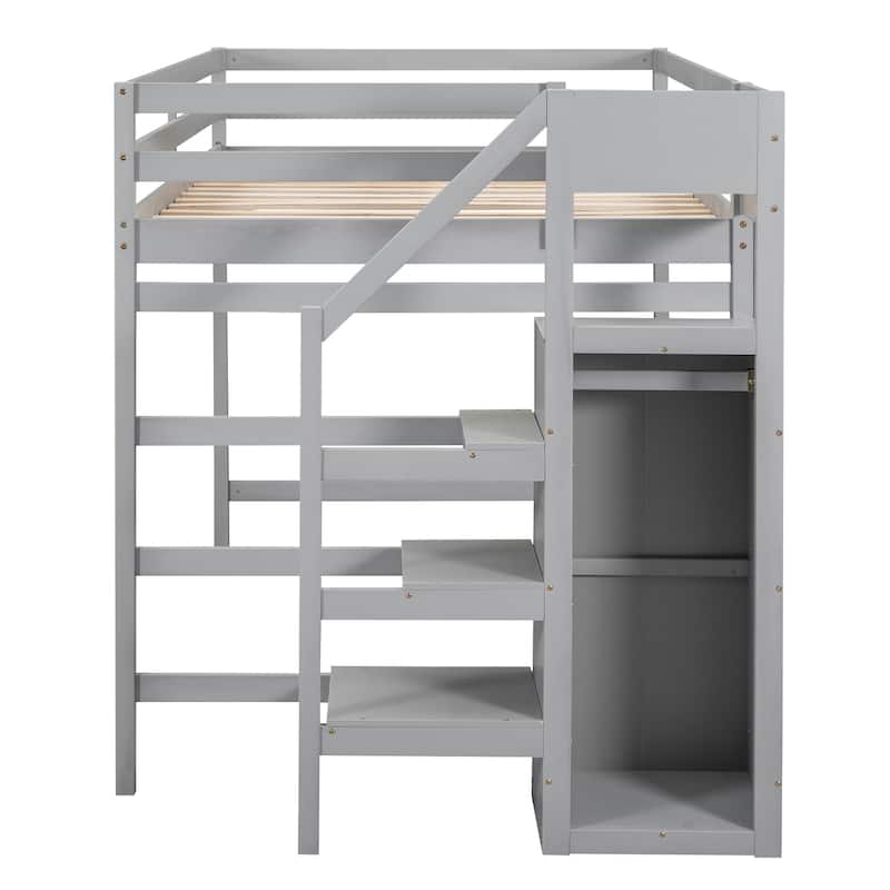 Full Size Loft Bed with Built-in Storage Wardrobe and Staircase