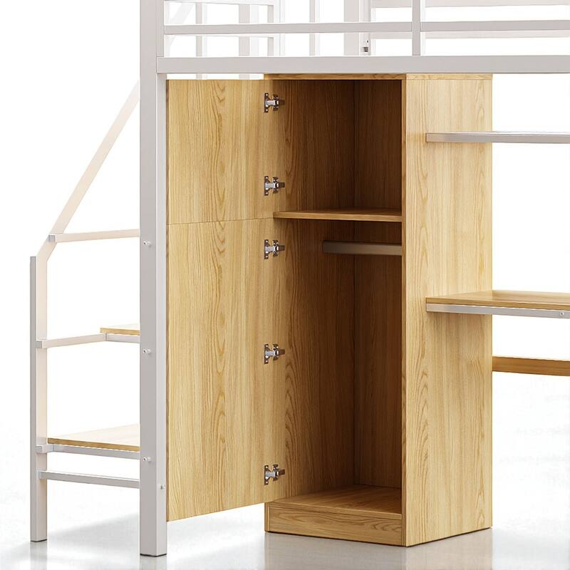 Metal Twin Loft Bed with Desk, Wardrobe, Shelf, and Storage Staircase, No Box Spring Needed