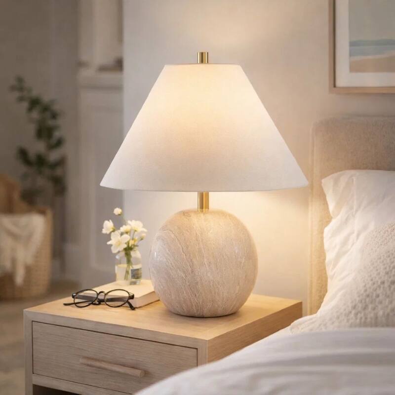 Table Lamp, Water Marble Ceramic and White Linen Shade, 17 Inch