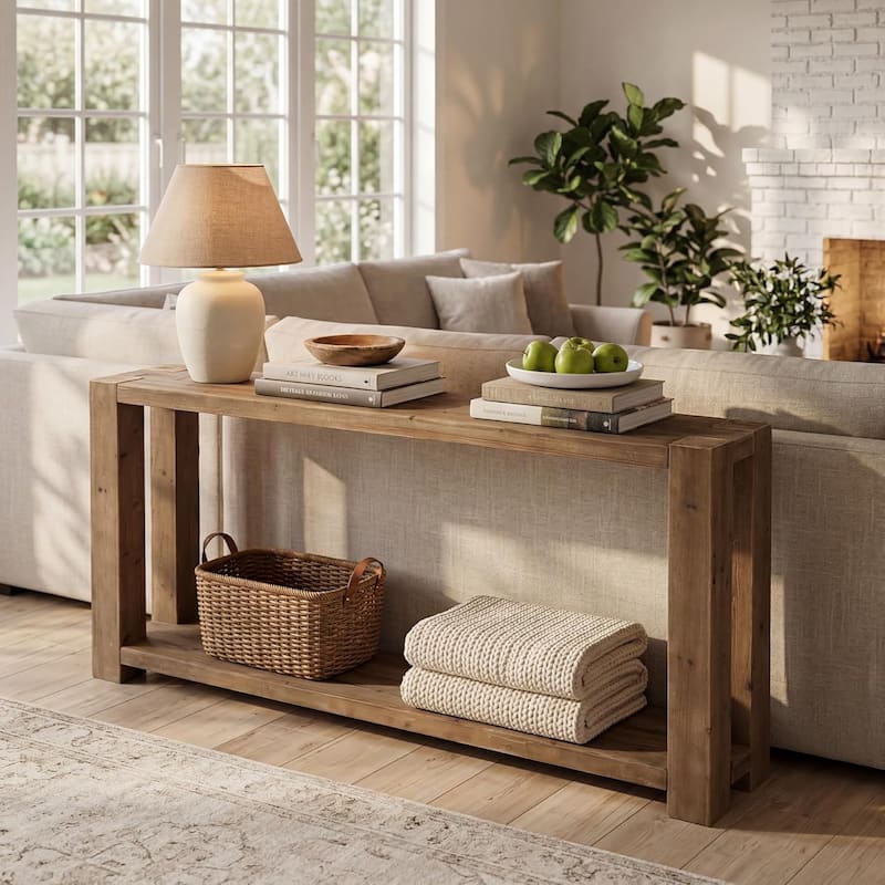63-Inch Solid Wood Console Table, 2-Tier Farmhouse Rustic Entryway Table with Open Shelf - 11.81" W x 62.99" L x 31.5" H - Natural Wood