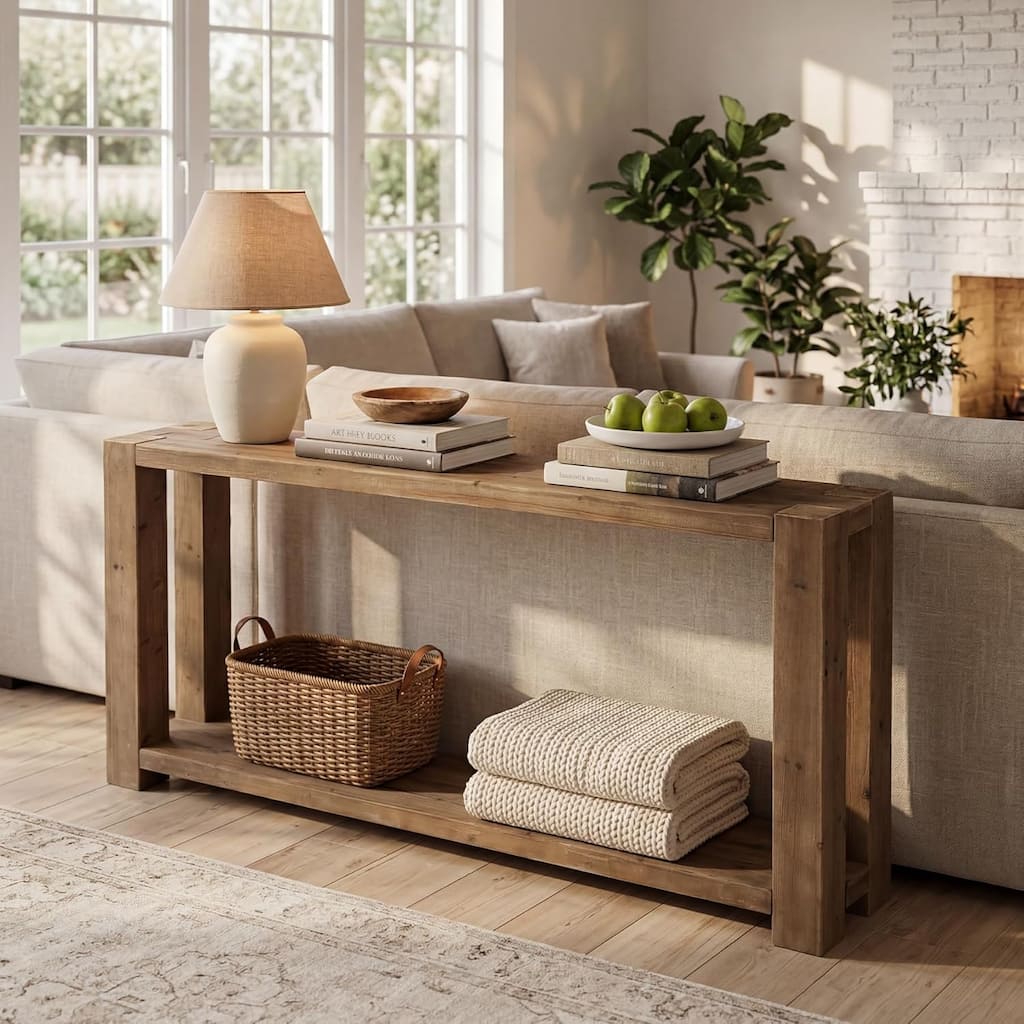 63-Inch Solid Wood Console Table, 2-Tier Farmhouse Rustic Entryway Table with Open Shelf - 11.81" W x 62.99" L x 31.5" H