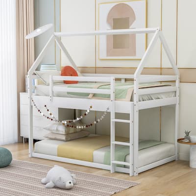 Modern Pine Wood Twin over Twin Low Bunk House Bed with House-Shaped Frame, Full Length Safety Guardrail and Fixed Ladder