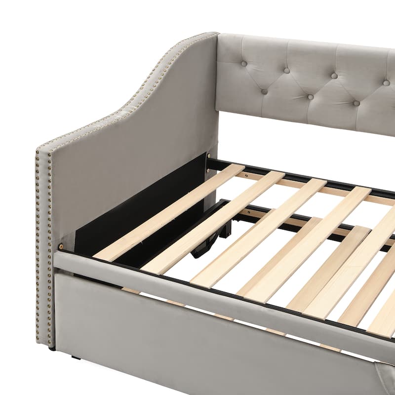 Gray Velvet Daybed Twin Sofa Bed w/ Pop Up Trundle, Upholstered Backrest, 2 Square Armrests, Convertible King Bed, Nailhead Trim