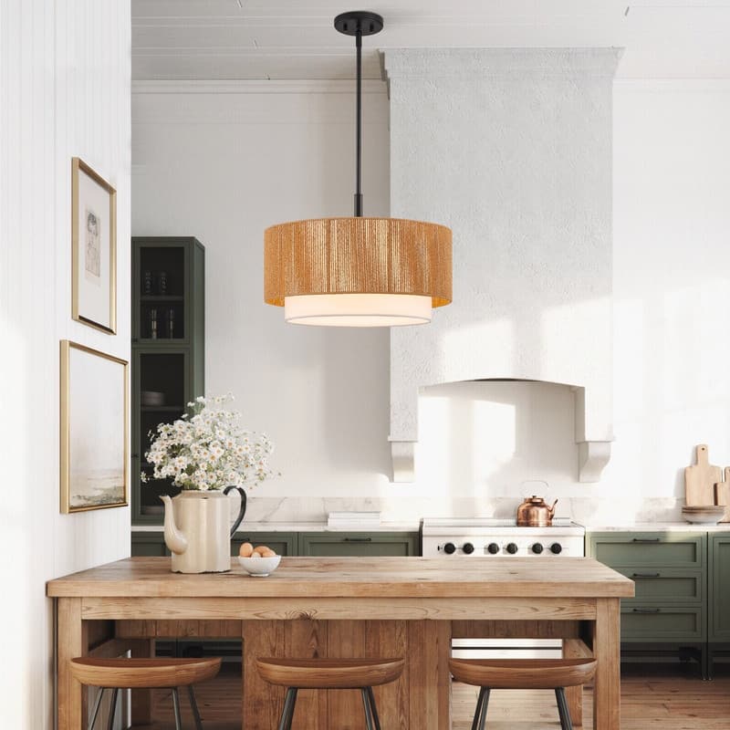 KAWOTI 1-light Adjustable Height Pendant Light with Rattan Shade - W19" x H20"