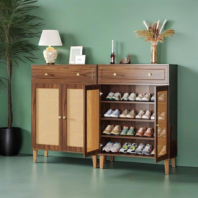 Modern Shoe Cabinet with Adjustable Shelves and Drawer Rattan Panels for Entryway Storage - 31.49”L x 15.74”W x 43.3”H
