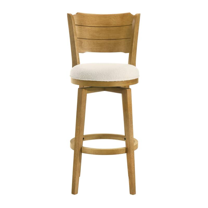 Winsley Coastal Modern Swivel Wood Counter Height Kitchen Bar Stool with White Boucle Fabric Upholstered Seat