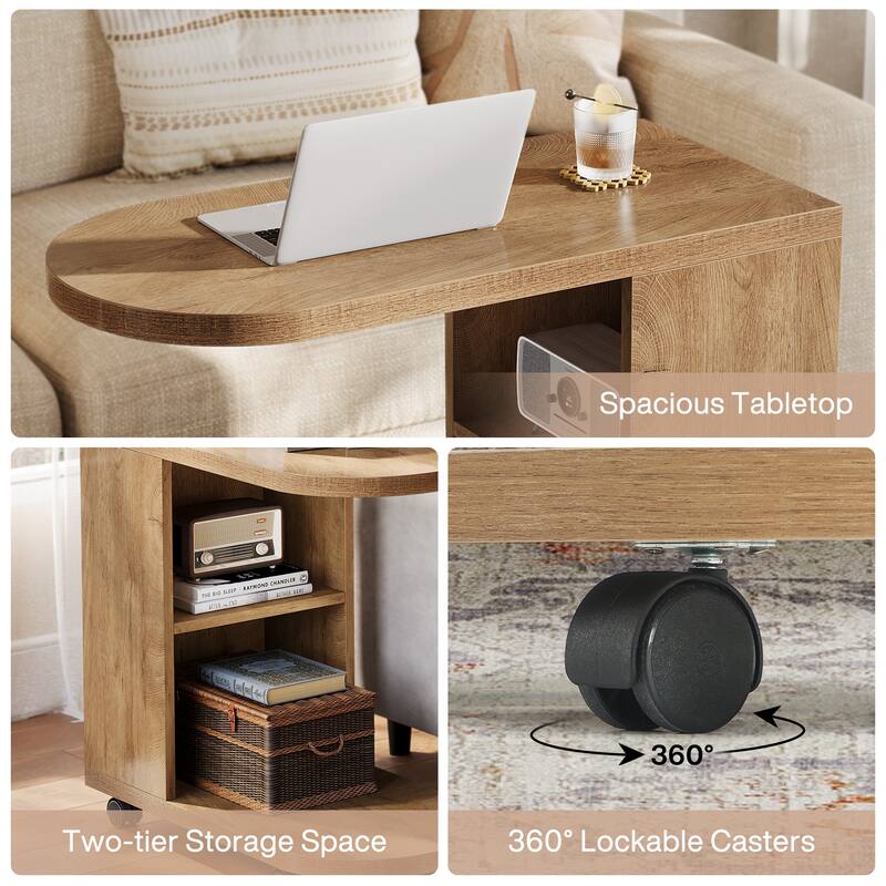 C Shaped Sofa Side Table, Mobile Bedside End Table with Storage