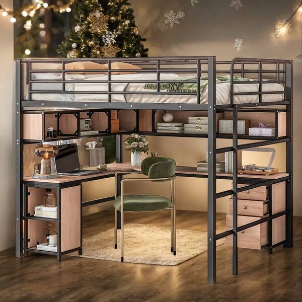 slide 2 of 28, Modern Full Size Metal Loft Bed with Bookcase,Desk and Cabinet and Storage Functions For Bedroom Black