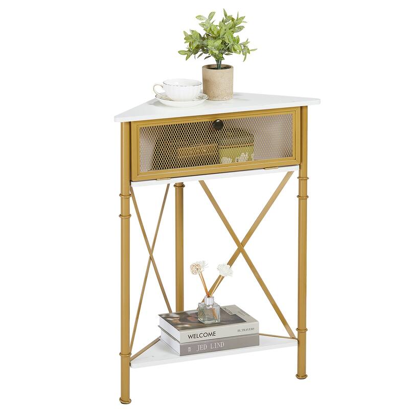 Javlergo Set of 2 Triangle Corner Side Table with Mesh Flip Top Storage Stable X-Frame Corner Table for Small Spaces