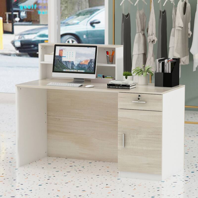 55.1"W 43.3"H Rectangular Wood Reception Desk With Lockable Drawer