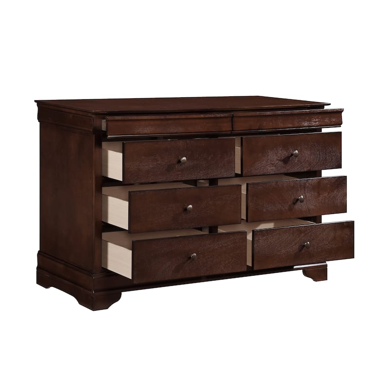 Brown Cherry Finish Louis Phillipe Style Bedroom Furniture 1pc Dresser of 6x Drawers Hidden Drawers Wooden Furniture - Brown Mix - 6-drawer
