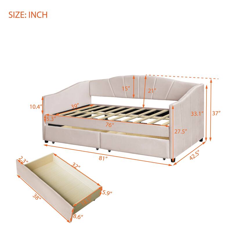 Twin Upholstered Daybed with Storage Drawers and Wood Slats, Velvet Fabric Frame, No Box Spring Needed
