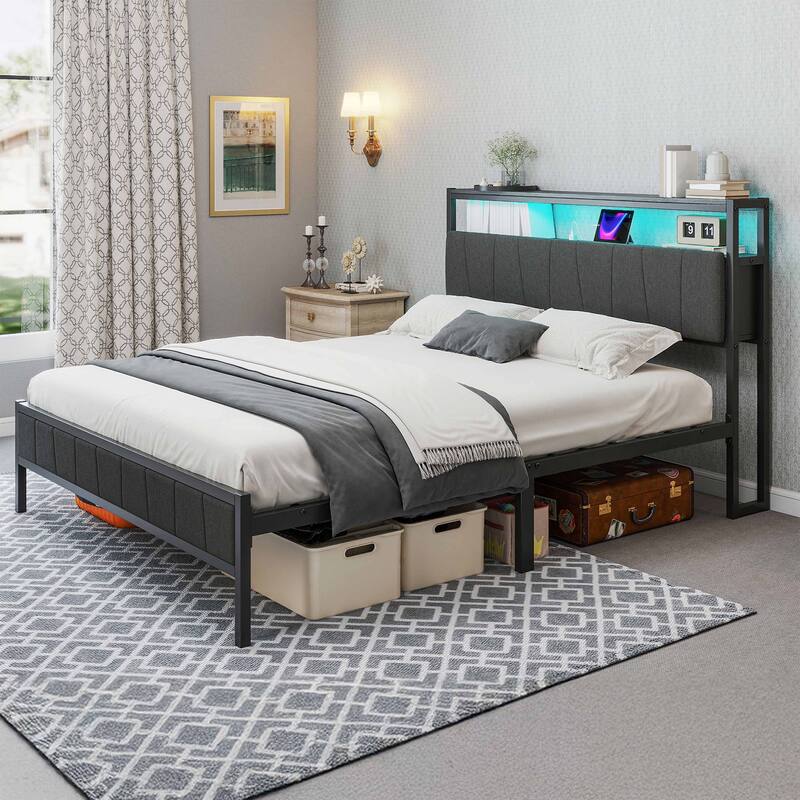 Storage Upholstered Platform Bed with LED Lighting Included and Built In USB Port - Grey - Queen