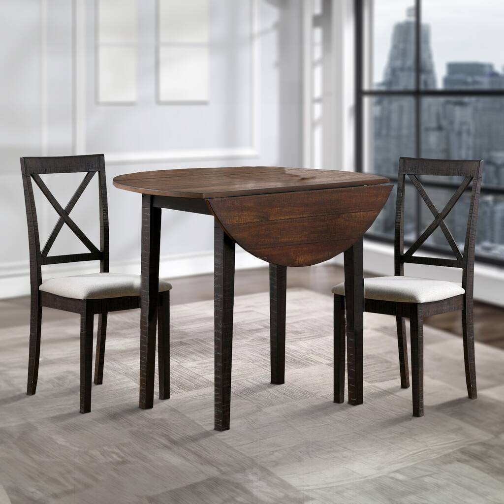 Drop Down Leaf 3 Piece Dining Table Set with X Shaped Back, Gray