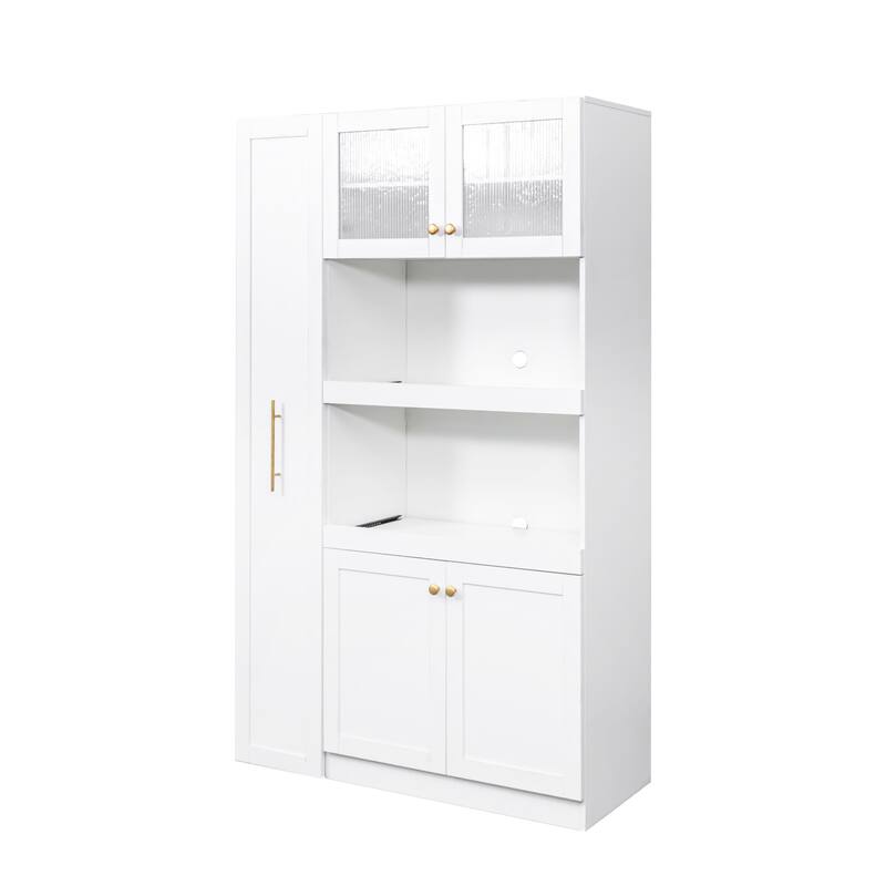 Roomfitters Kitchen Pantry Cabinet with Multi-Tier Pull-Out Shelves, Farmhouse Storage Cupboard with 4 Doors, White