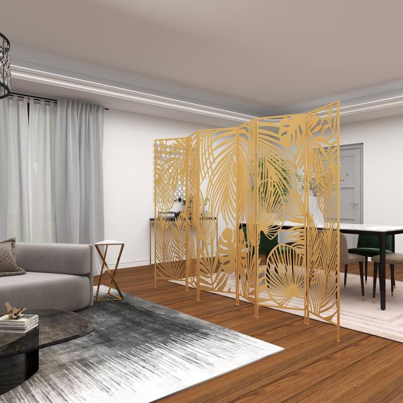 Gold Metal Foldable Partition Cutout Palm Leaf 3 Panel Leaf Partition Room Divider Screen