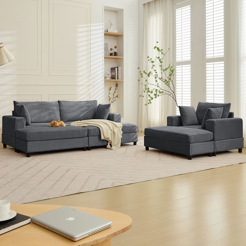 Mixoy Extra-Large Corduroy Upholstered Modular Sectional Sofa Set,Deep Seat Sleeper Chair with Ottoman - 2+1