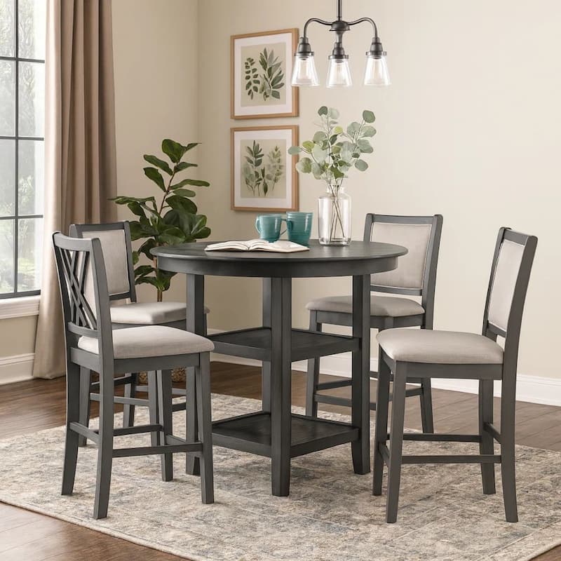 Isla 5 Piece Counter Height Table Set, 4 Crossback Chairs, Gray Polyester