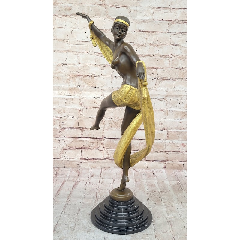 Hot Cast Bronze Art Deco Figural Sculpture Of Topless Ribbon Dancer By Rozet