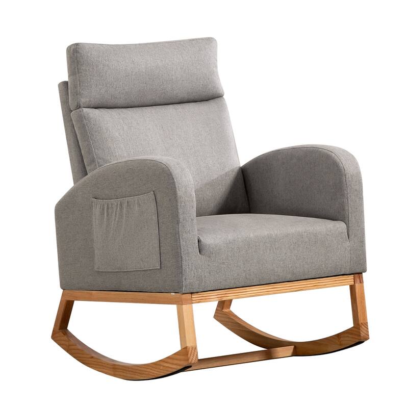 Nursery Chair Rocking Chair Glider Chair, Upholstered Accent Chair with Rubber Wood Legs, Comfy High Backrest, Side Pockets