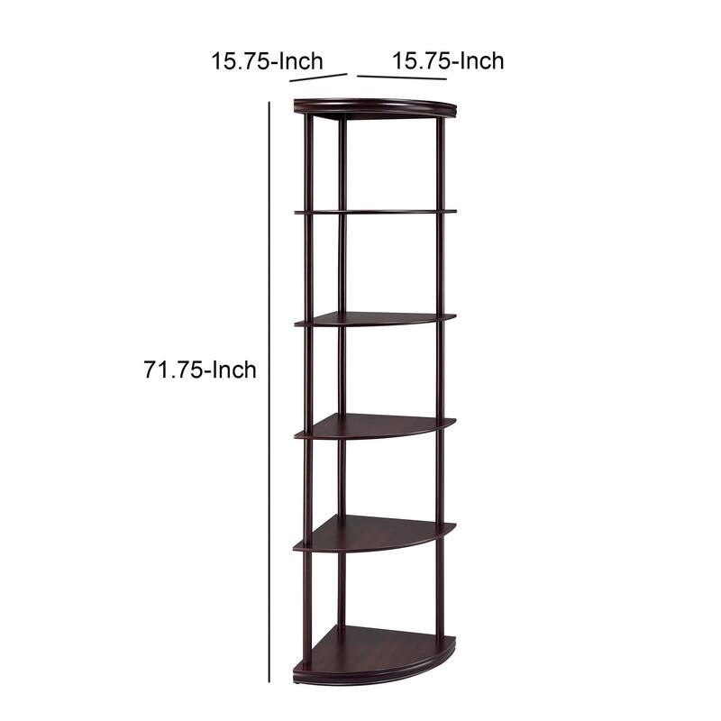 Illuminating corner bookcase with five pie shaped shelves, Brown