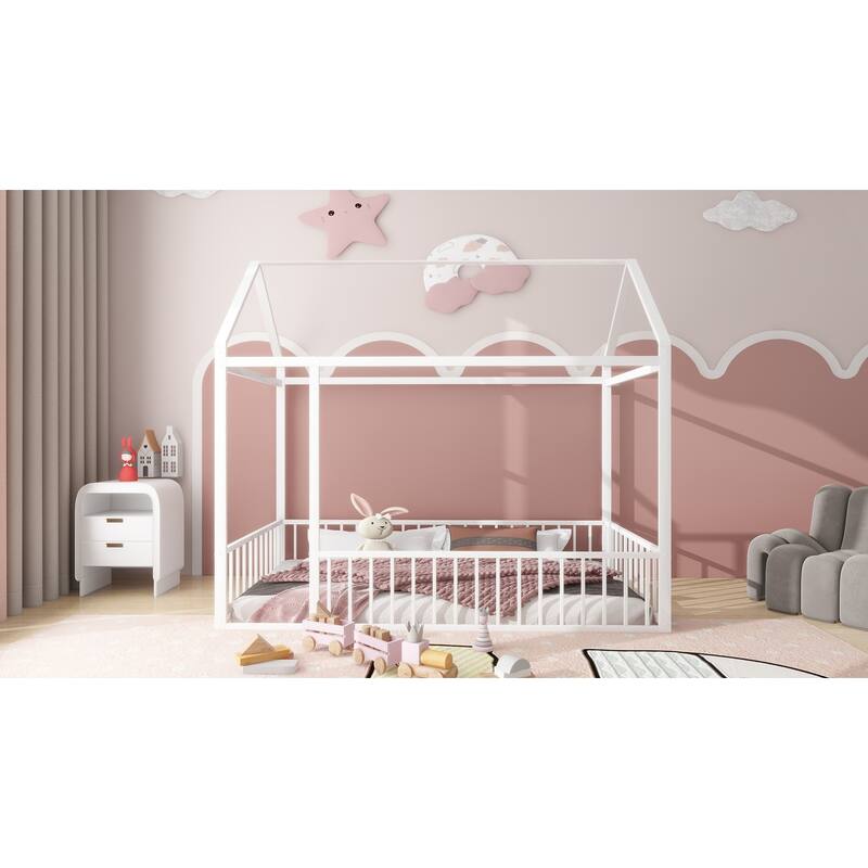 Metal House Bed Frame with Fence and Roof for Kids and Teens